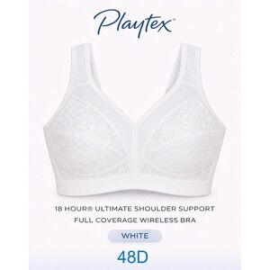 Playtex 18 Hour Ultimate Shoulder Support Wireless Bra 4693 White Floral 48D NWT